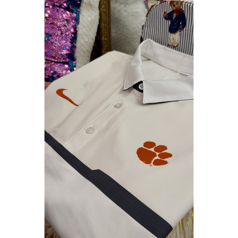 Clemson Nike Golf Dri Fit Men's Polo Shirt White Grey Stripe Vent Performance L